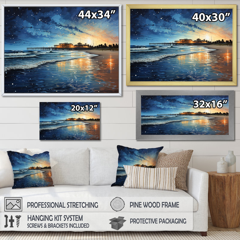 Singita Beach Pier Reflections Pointillism I, Encadrement doré, H 16 po x l 32 po x P 1 po