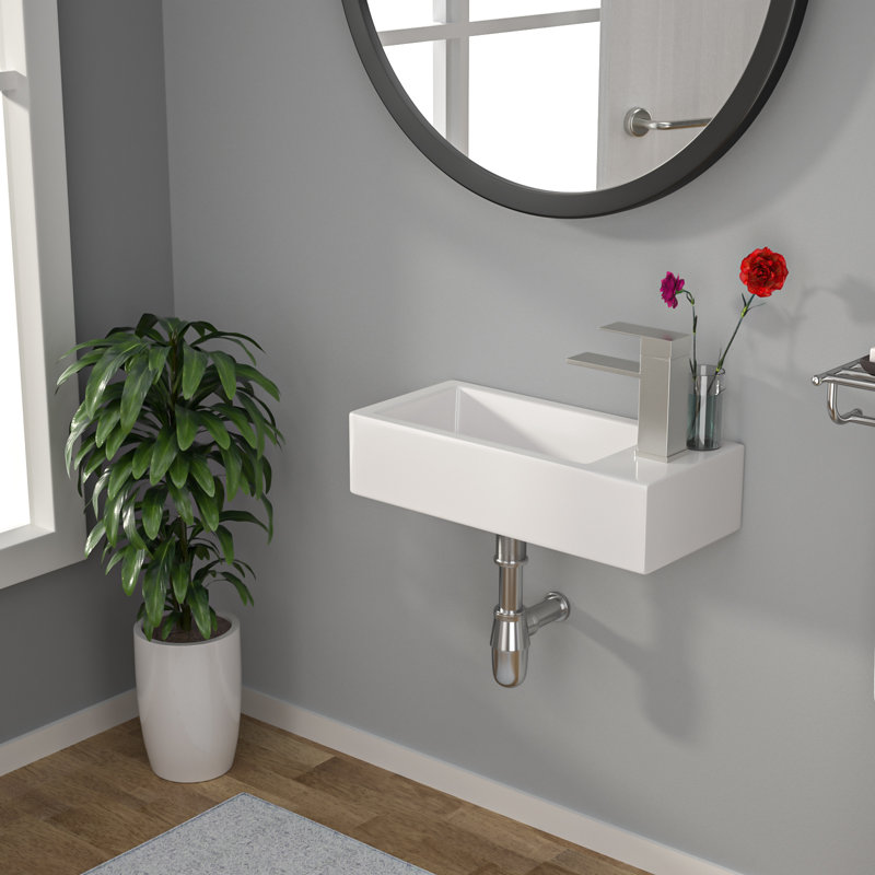Lavabo de salle de bain mural en céramique L 14,5 po x l 7 po, petit vasque rectangulaire avec trou de robinet à droite, lavabo flottant compact pour salle de bain