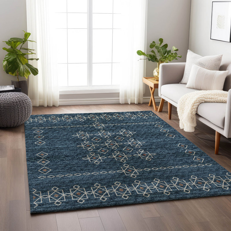 Tapis bleu Premium Alliah AMF109 lavable à la machine, Rectangle de 10 pi x 14 pi