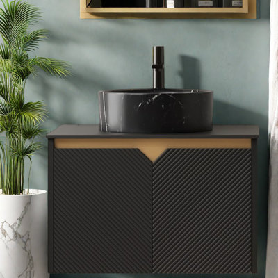Meuble-lavabo moderne encastré, armoire en bois noir et lavabo en céramique