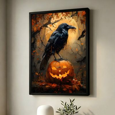 Corbeau d'Halloween perché sur une citrouille illuminée, tableau sur toile encadré, cadre noir, 40 x 60 cm