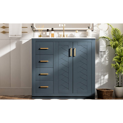 36 po, meuble-lavabo de salle de bain, lavabo en céramique, structure en bois massif, 3 tiroirs, mécanisme de fermeture en douceur, rangement haut de gamme, look rétro, conception à rainure unique et assemblage facile de 36 po