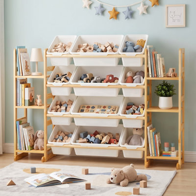 Toy Storage Organizer with 12 Bins, Solid Pine Wood Frame Kids Bookshelf with 6 Shelves for Playroom, Nursery and Bedroom
