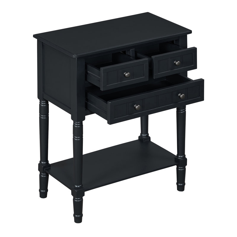 Console H 31 po avec 3 tiroirs et tablette, structure en bois massif, Noir