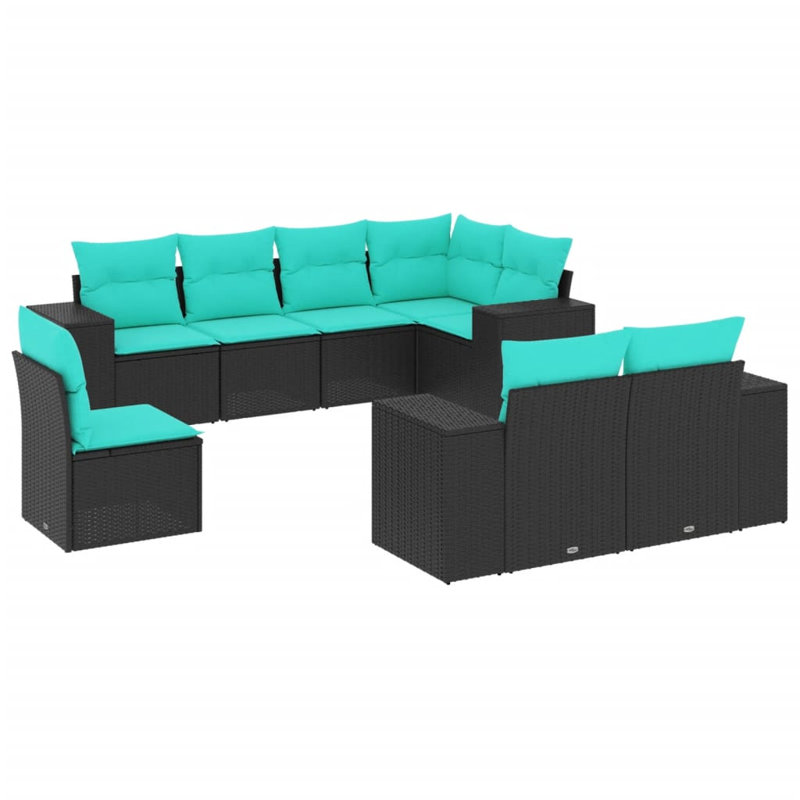  Ensemble de canapé de patio noir, bleu, Coussin bleu / cadre noir