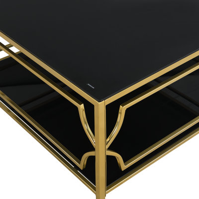 Table basse 33,5 "carrée en verre trempé, structure géométrique en métal avec tablette inférieure