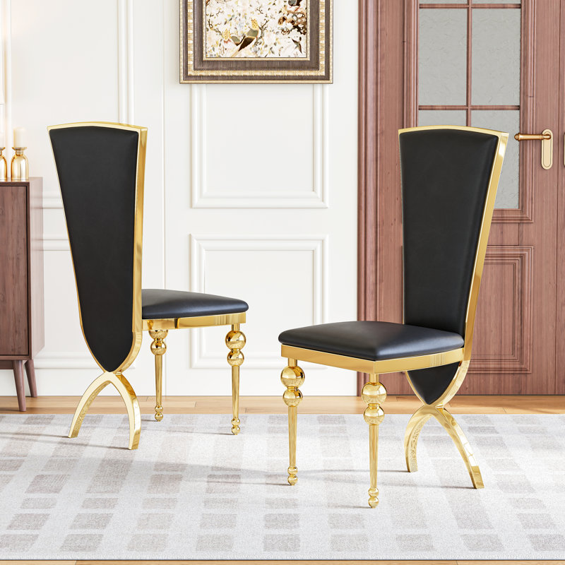Ensemble de chaises de salle à manger de 43 po de hauteur, pieds de gourde en acier inoxydable doré de luxe moderne, assise rembourrée en cuir de première qualité 