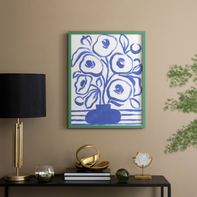 «Blue Brush Flowers I», reproduction encadrée - bois massif