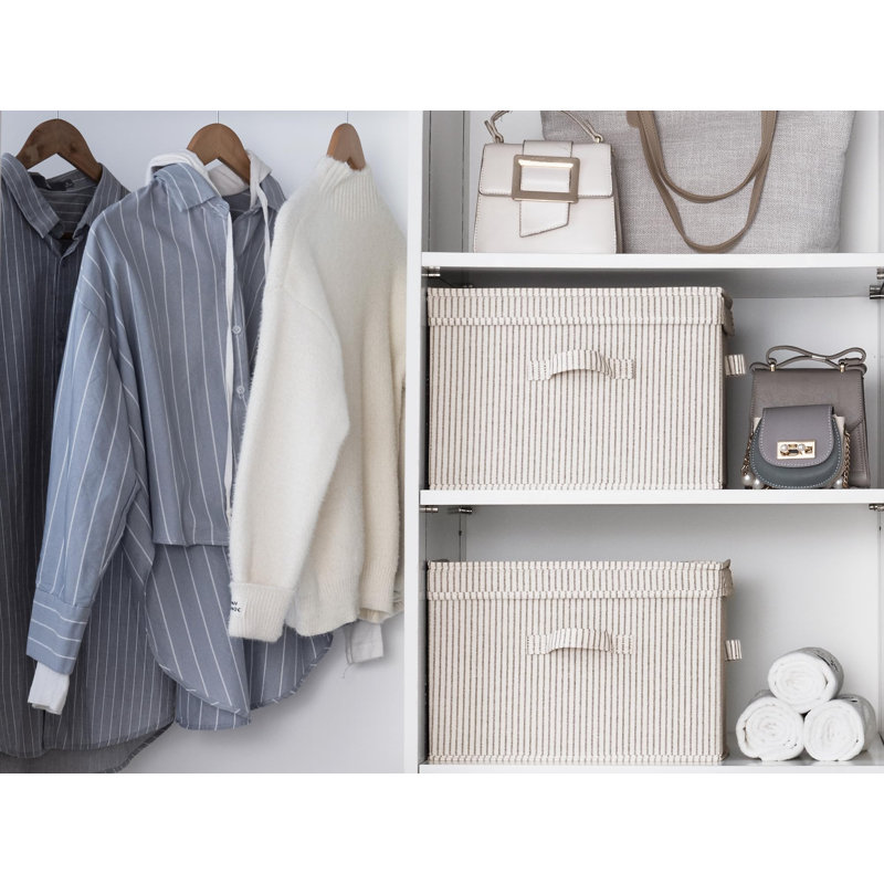 Bacs de rangement en tissu avec couvercle, boîtes de rangement décoratives pour tablettes, panier de rangement de placard empilable avec poignées, grand, rayures, paquet de 2