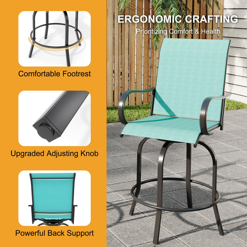 Tabourets de bar pivotants d'extérieur 2 pièces, chaises de patio avec dossier haut et tissu résistant aux intempéries, Vert