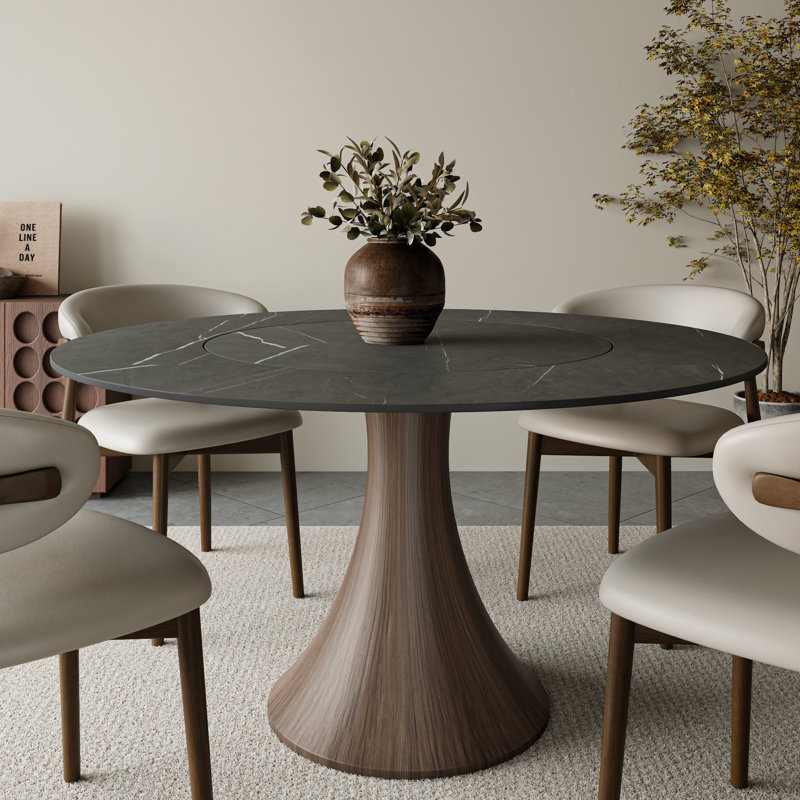 Innovative Built-In 360° Lazy Susan Luxurious Round Dining Table Kitchen Table, Dark Gray, 29.52"H x 59.05"L x 59.05"W