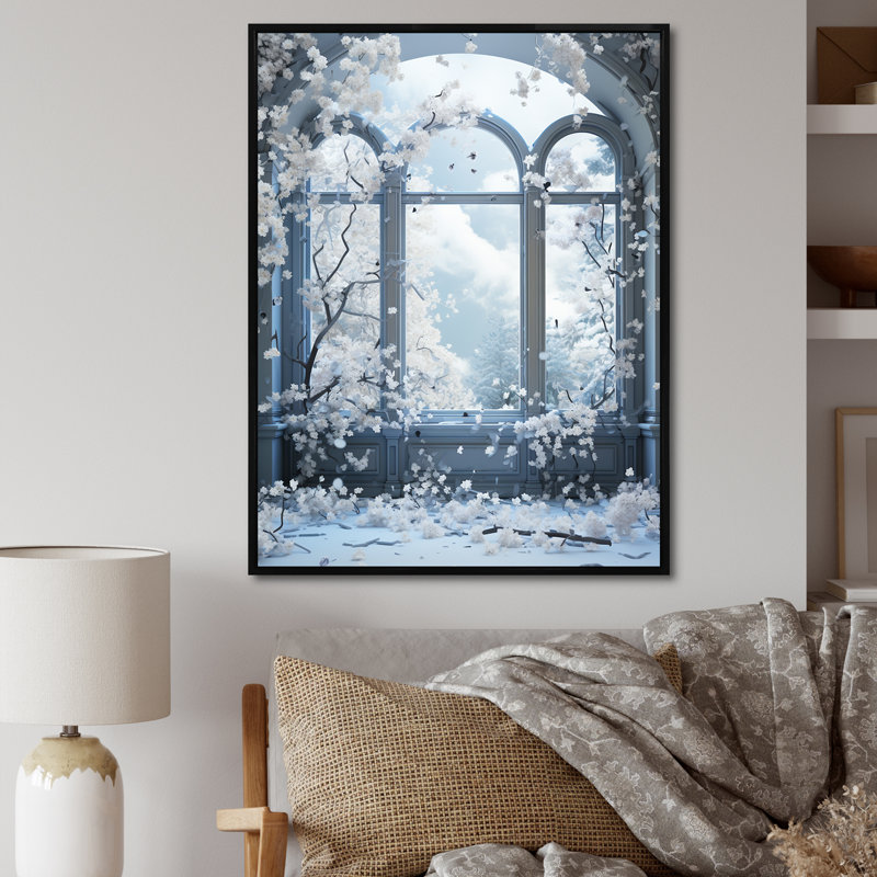 «Winter Frosty Curch Window View - Winter Landscape», art mural, Cadre flottant noir, 44" H x 34" W