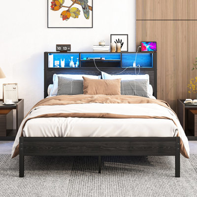 Lit plateforme en métal avec tête de lit et espace de rangement, options noires, sans sommier, nuit tranquille, assemblage sans effort,