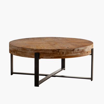 Briyan Round  Coffee Table Fir Wood Table Top with Cross Legs Base,Cocktail Table,Living Room Table