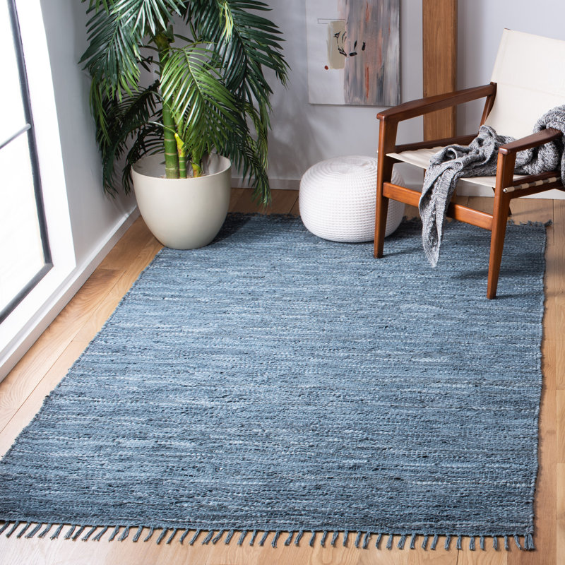 Rosemarie Vintage Leather Flat Weave Recycled Leather/Cotton Solid Color Rug in Gray/Blue, Rectangle 8' x 10'