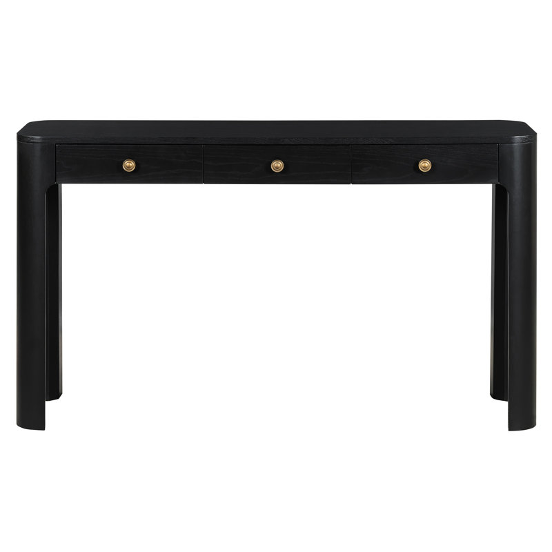 Console à 3 tiroirs de tailles différentes, coins arrondis, fini noir, idéale pour le salon et l'entrée. Pieds et tiroirs aux formes arrondies, décoration intérieure.