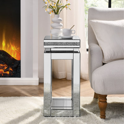 Mirrored End Table Square with Crystals Inlay, 2-Tier Modern Small Sofa Table with Storage, Silver Accent Table for Living Room, Bedroom, Coffee, and Small Spaces 11.8"D x 11.8"W x 26"H
