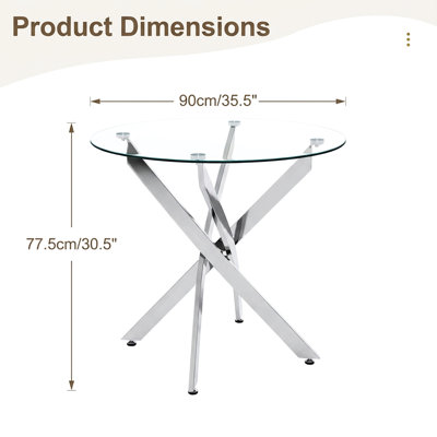 Table de cuisine ronde en verre de 35,5 po avec pieds, finition brillante, idéale pour les rassemblements dans de petits espaces, les rassemblements compacts et stables,