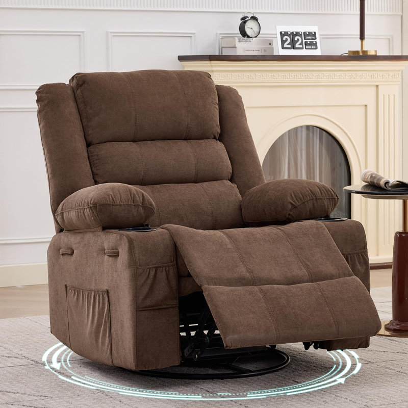 Oversized Swivel Recliner Chair with 360° Rotation, Manual Reclining, Cup Holders & Side Storage, PU Leather Upholstery