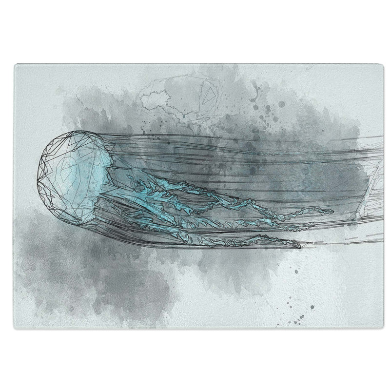 Tempered Glass Neon Jellyfish Art Chopping Board, 28.5 cm W x 20 cm L