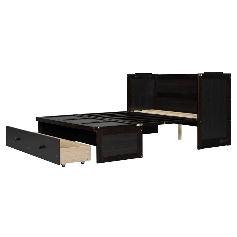 Lit escamotable double avec port USB et grand tiroir, espresso, Lit double, Espresso