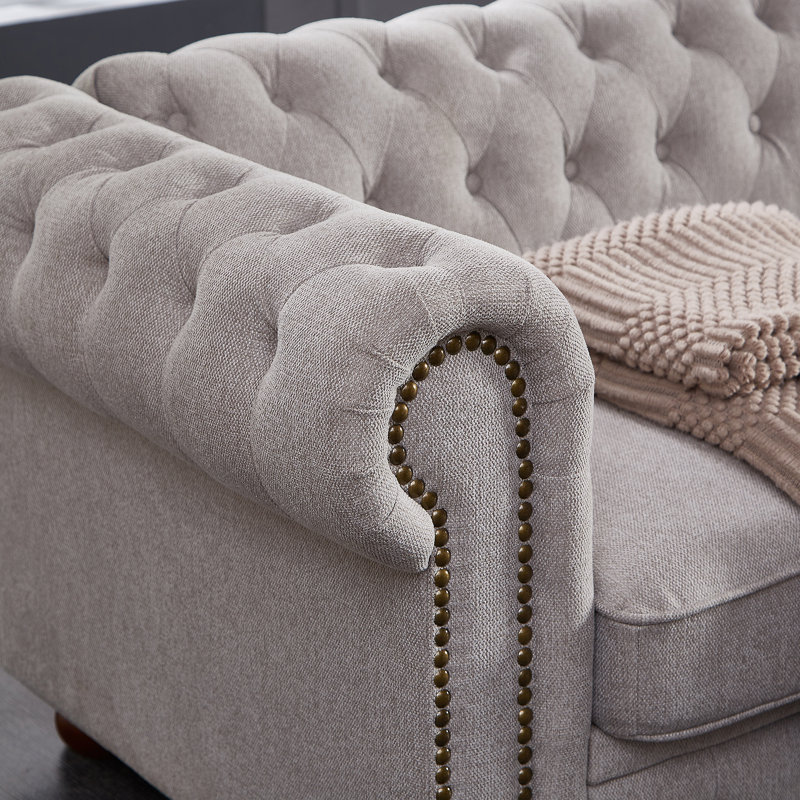 Canapé Chesterfield en tissu de lin, Gris clair