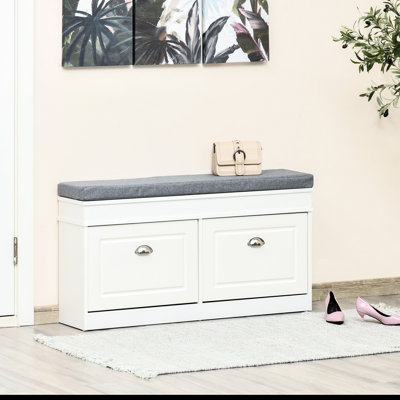 Banc de rangement pour chaussures moderne pour hall d'entrée, rangement avec coussin, 2 tiroirs, tablette réglable, peut contenir 8 paires, blanc
