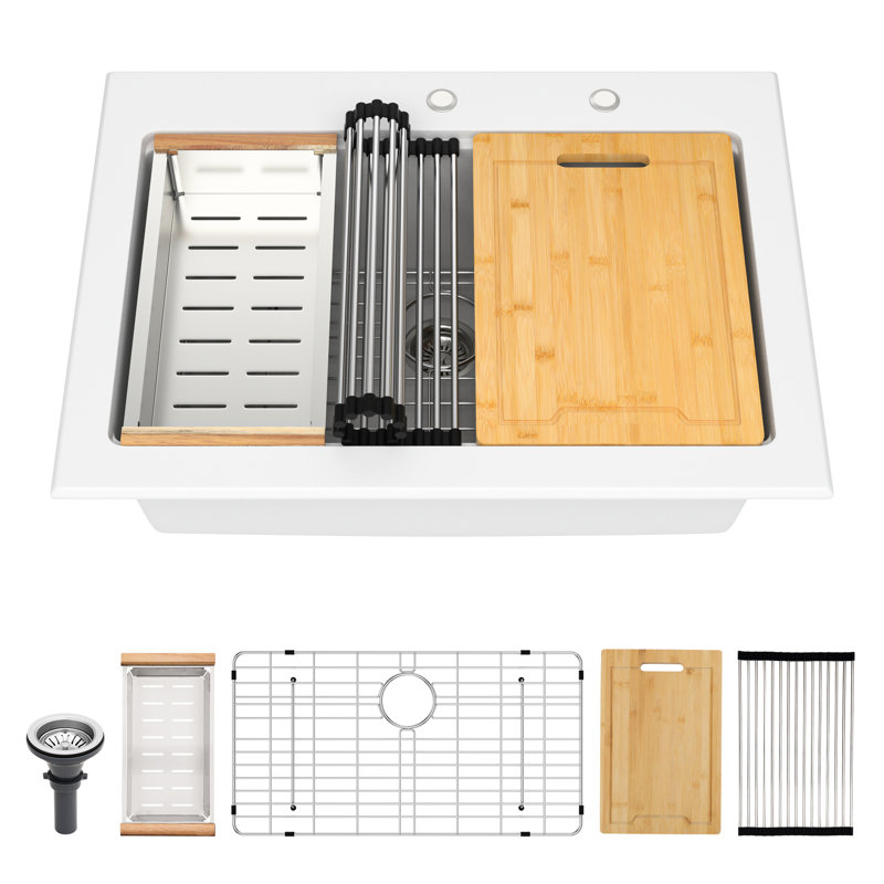 30X22" White Quartz Drop - In Kitchen Sink Workstation, High End Composite, Rounded Corners, Smooth Surface, Eliminates Vibration, Comes With Colander And Installation Guide Package Drying Rack
