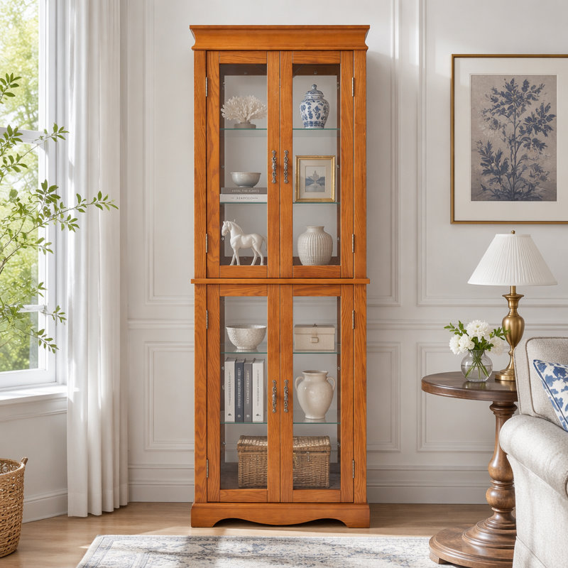 Vitrine lumineuse en verre avec poignées rétro, Oak