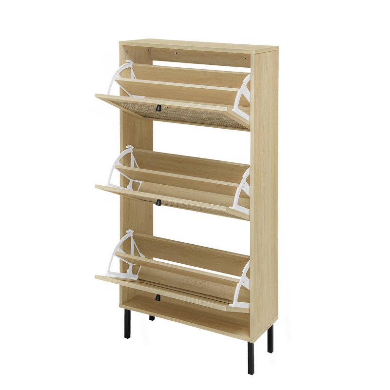 Rattan 3 Door Shoe Rack, Freestanding Modern Shoe Storage Cabinet, for Entryway, Natural