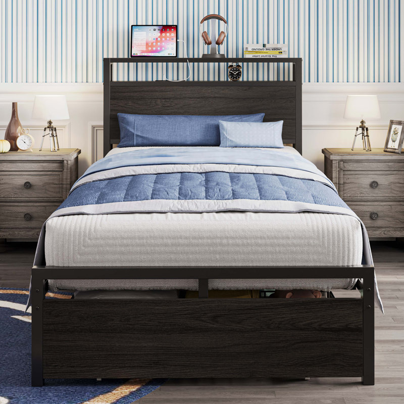 Bed Frames With Drawer, Storage Headboard With Outlets, No Box Spring Needed, Easy Assembly, Black, Twin XL