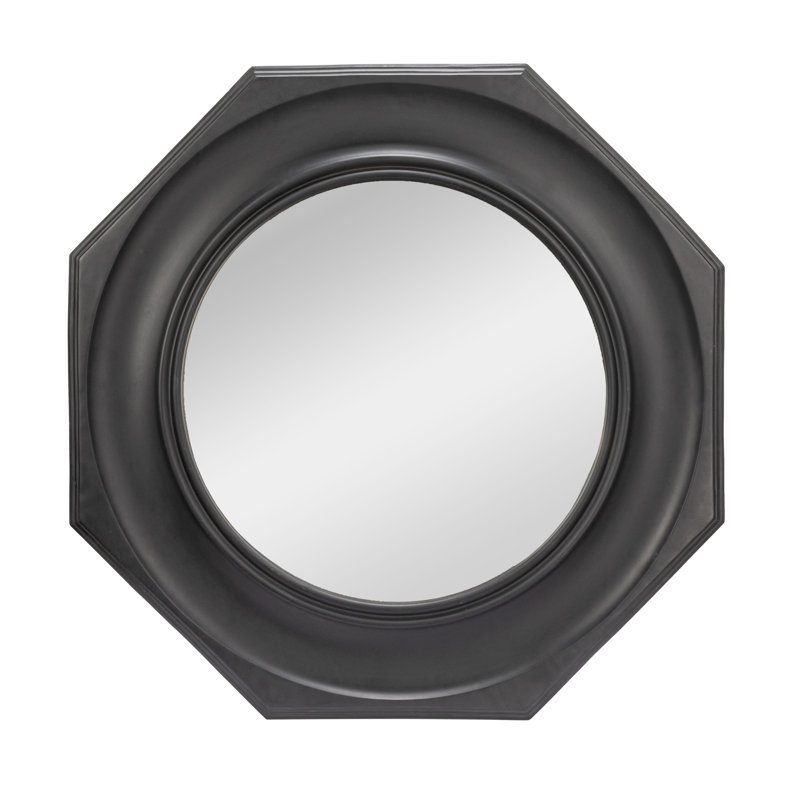 Hexagonal Carved Wood Framed Wall Mirror, Black