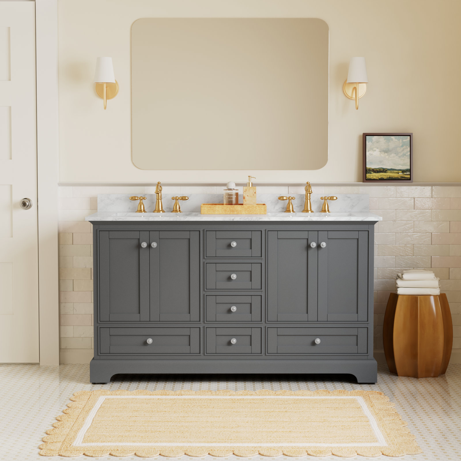 Varna 60'' Double Bathroom Vanity, Sapphire Gray/Brushed Nickel, Carrara White Marble
