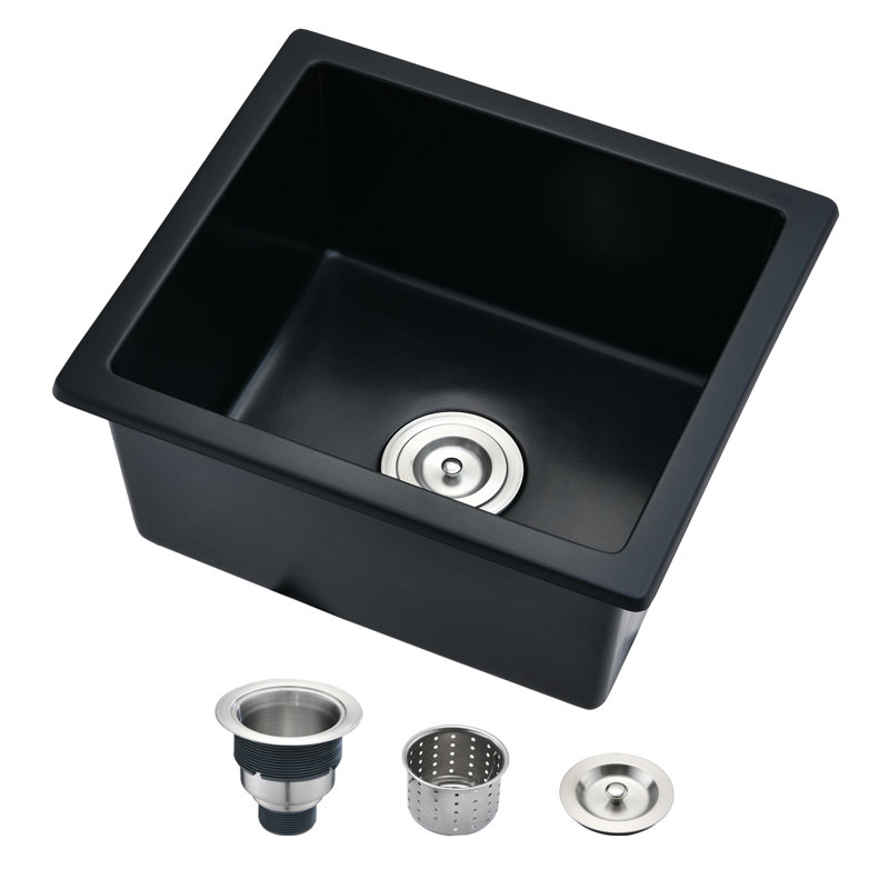Évier de cuisine à cuve simple encastrable en quartz 18,11 po L, Noir, noir, noir, noir