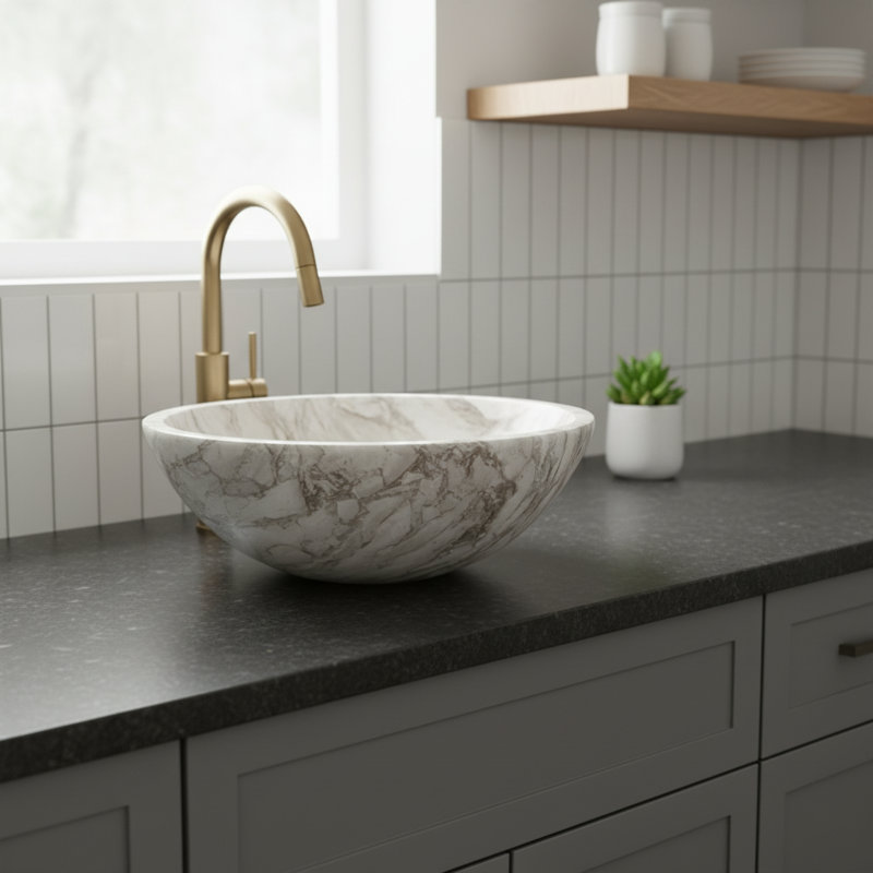 Golden Wheat Marble Vessel Sink – Round Natural Stone Bathroom Sink