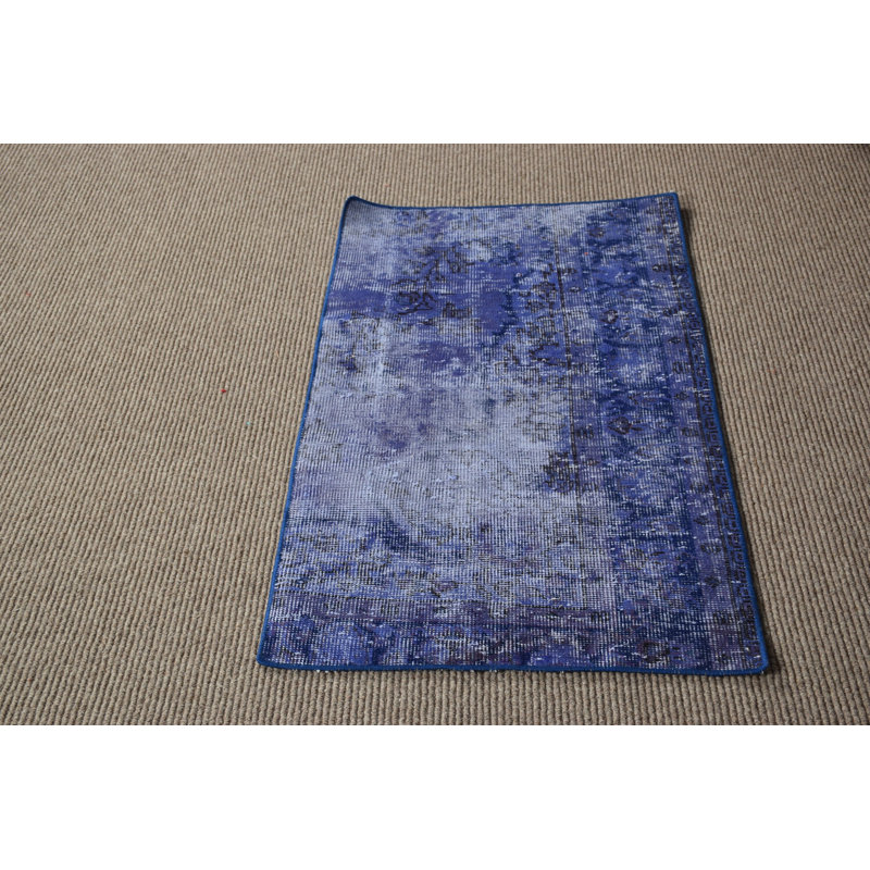 Vintage Blue and Patterned Small Turkish Oushak Wool Rug Ideal for Entryway Spaces