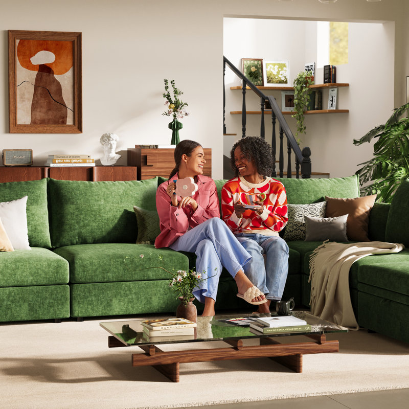 Petal Sofa Reversible Modern Modular Sectional Sofa with Storage Ottoman – Premium Fabric, Green, 37" H x 134.6" W x 67.5" D
