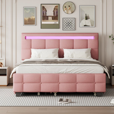 Grand lit plateforme tapissier avec gigogne simple TG et 2 tiroirs, tissu en lin, rose