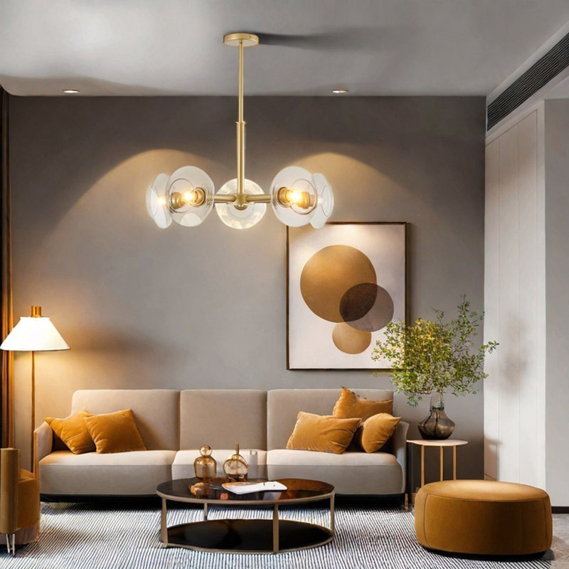 Lustre doré à 5 lumières avec design spoutnik, lustre moderne en métal linéaire, luminaire à hauteur réglable