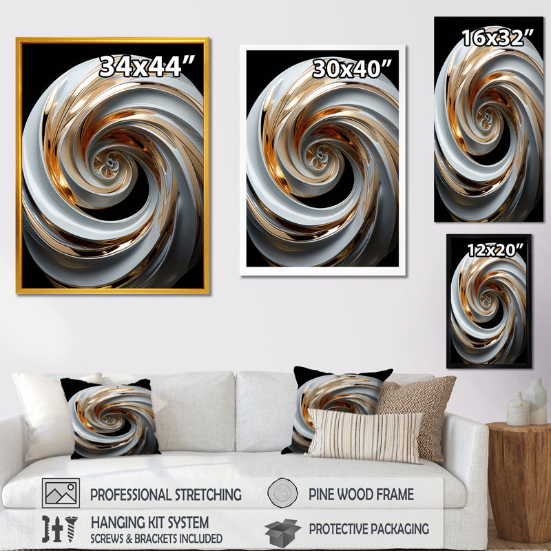 «White and Gold Spiraling Abstraction», art mural abstrait en spirale, Cadre simple noir, H 40 po x l 30 po x P 1,5 po