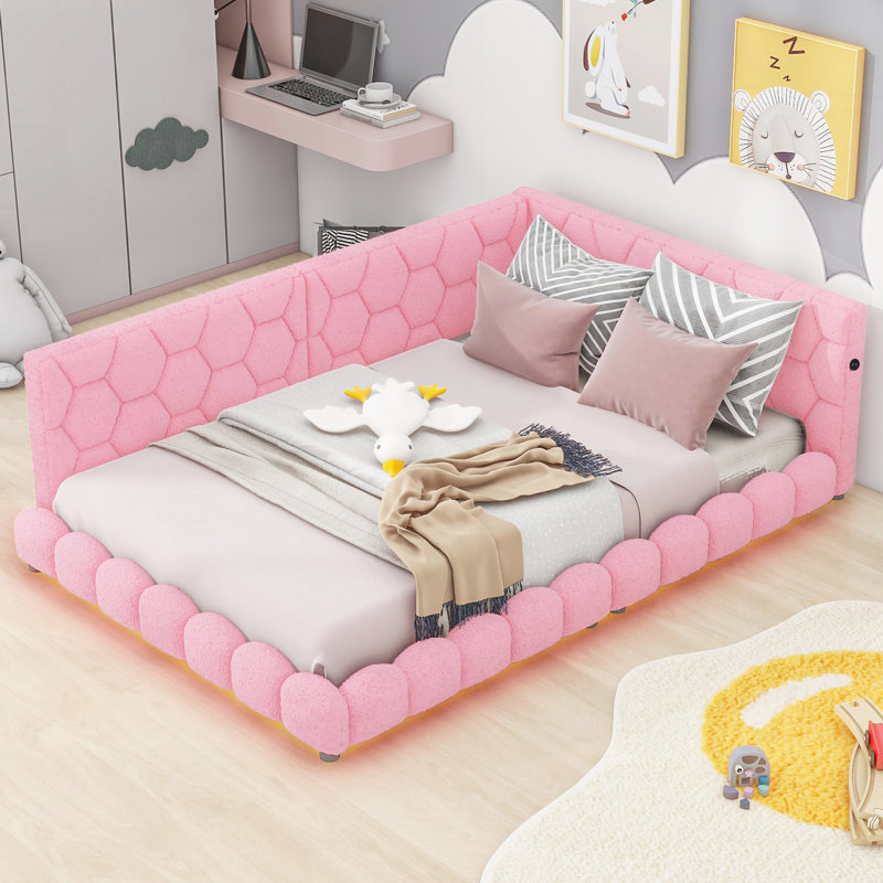 Lit plateforme tapissier avec ports USB et ceinture à DEL, Rose