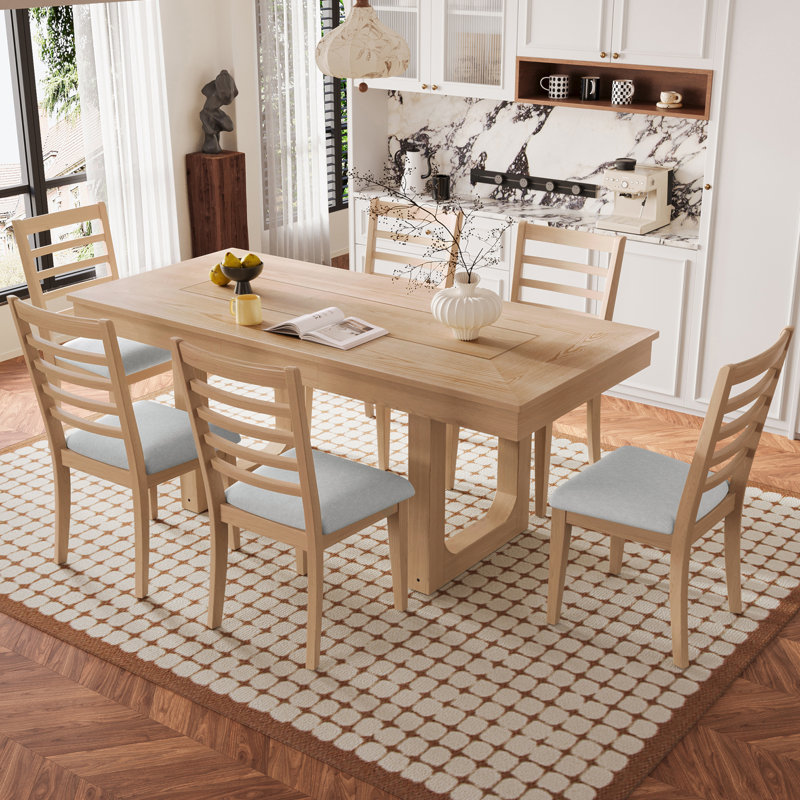 Ensemble de table de salle à manger extensible 7 pièces, table de ferme avec rallonge 18 ", table de cuisine rustique en bois 78" et chaises rembourrées 6 pièces, ensemble de table de salle à manger extensible