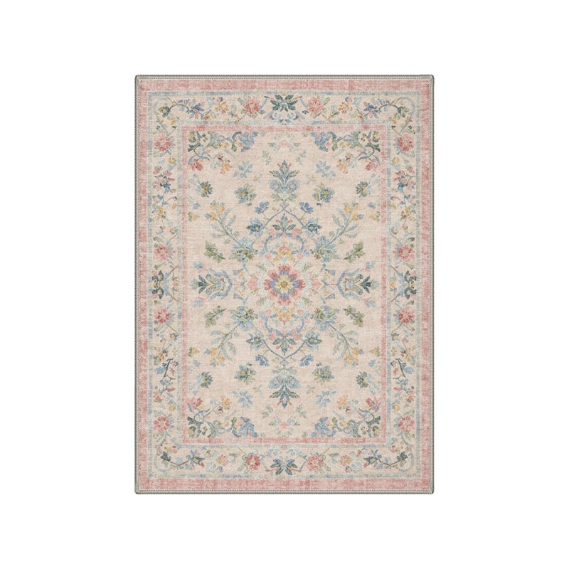 5 X 7 Ft Pastel Floral Medallion Rug for Living Room, Blue Pink