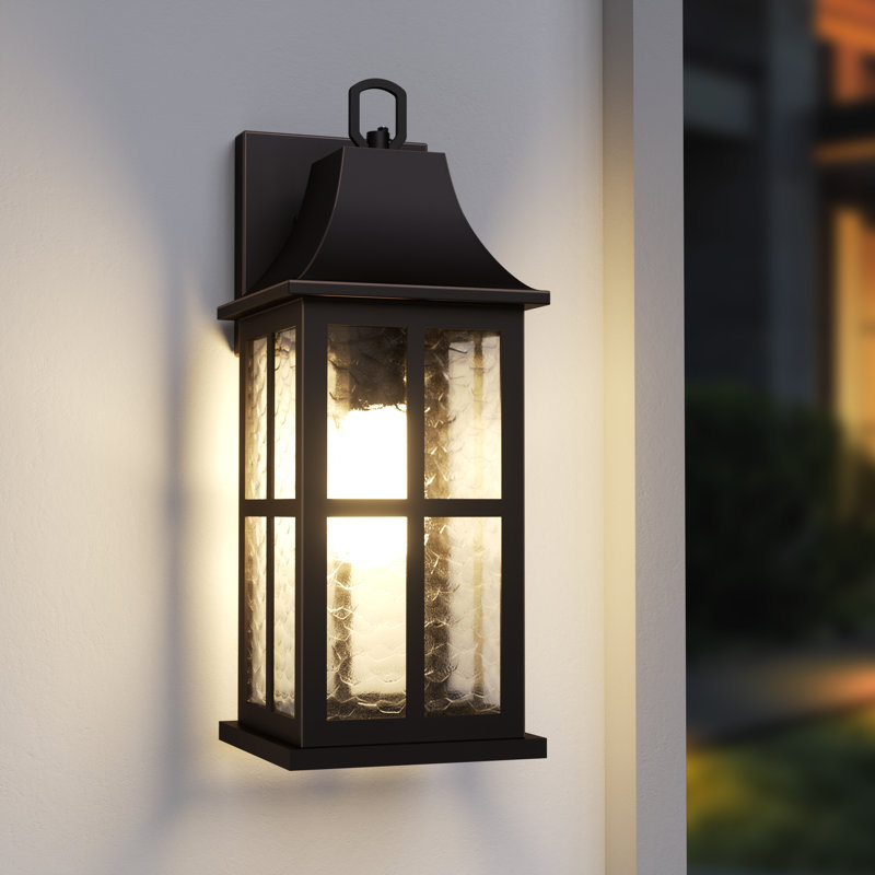 Zanyla 18''H Oil Rubbed Bronze Iron ETL Clear Hammered Glass Outdoor Wall Lantern with Dusk to Dawn, Oil Rubbed Bronze