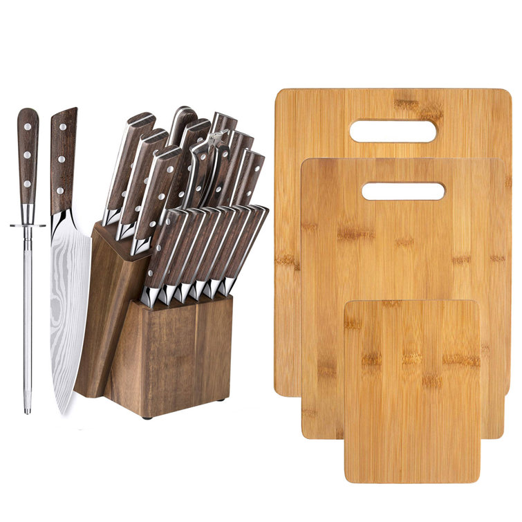  GOOD HELPER 9pcs Block Knife Sets Stainless Steel Knife Set  with Scissors Wooden Cutting Board Sharpener Stick Kitchen Knife Sets with  Shears Chef Knife Bread Knife Ergonomic Handle: Home & Kitchen