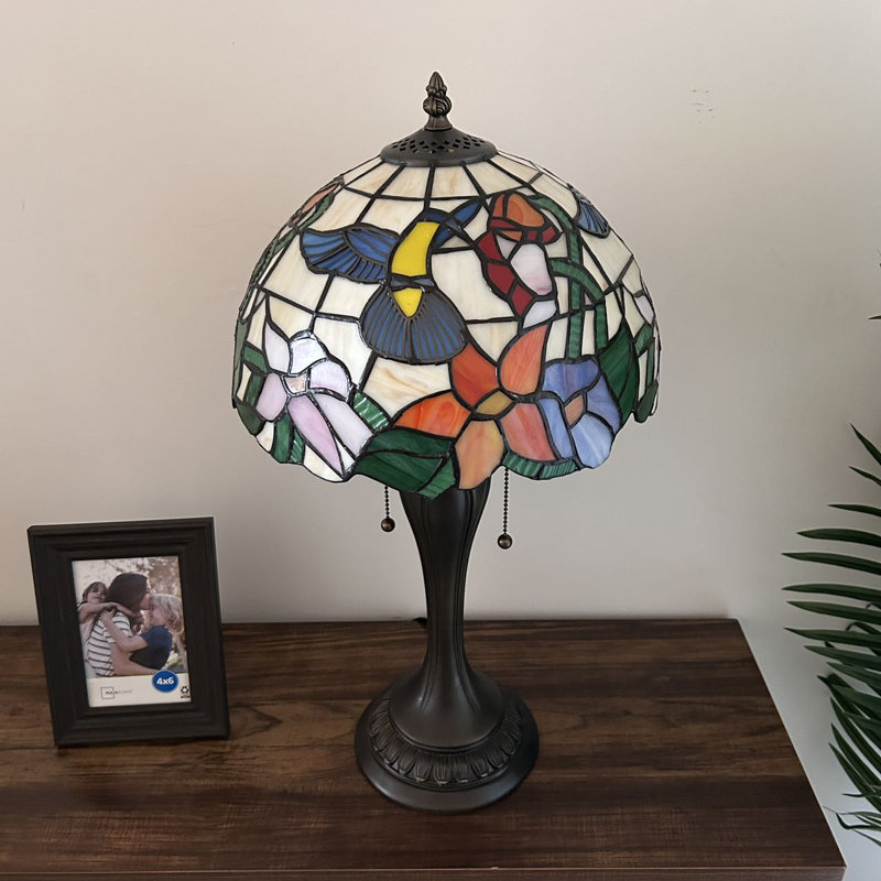 Lampe de table Hallan style Tiffany vitrail fleurs de colibri avec ampoules DEL incluses H 22 *