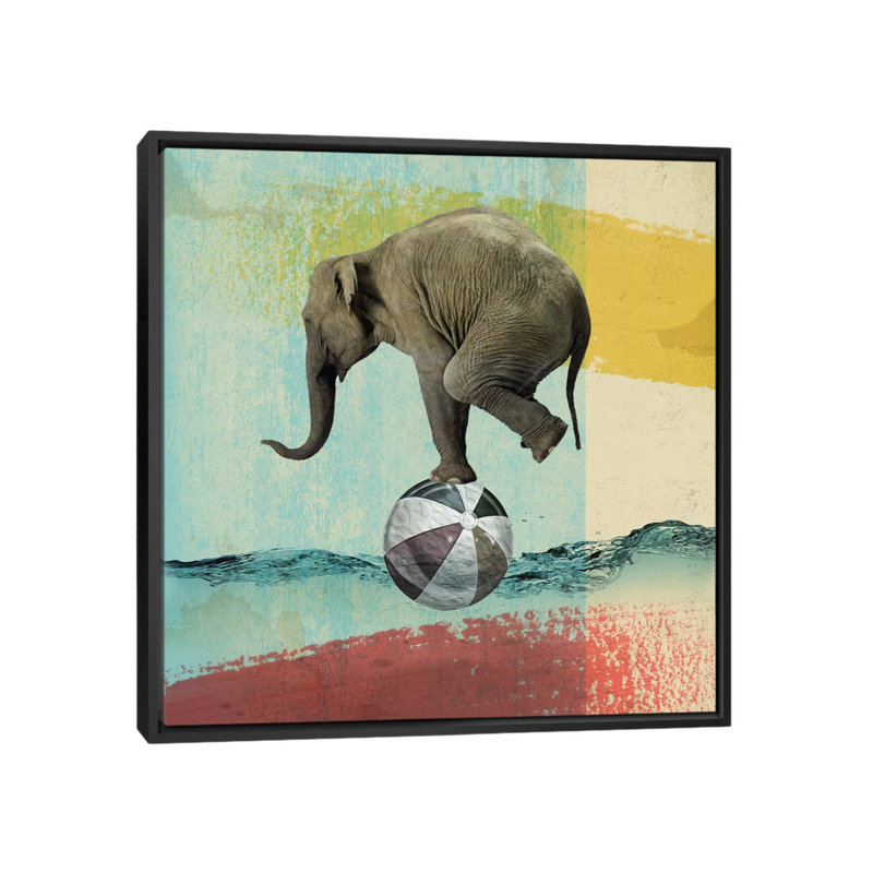 « balance éléphant », impression sur toile tendue, H 18 po x l 18 po x P 1,5 po, Toile encadrée noire, Pas de tapis