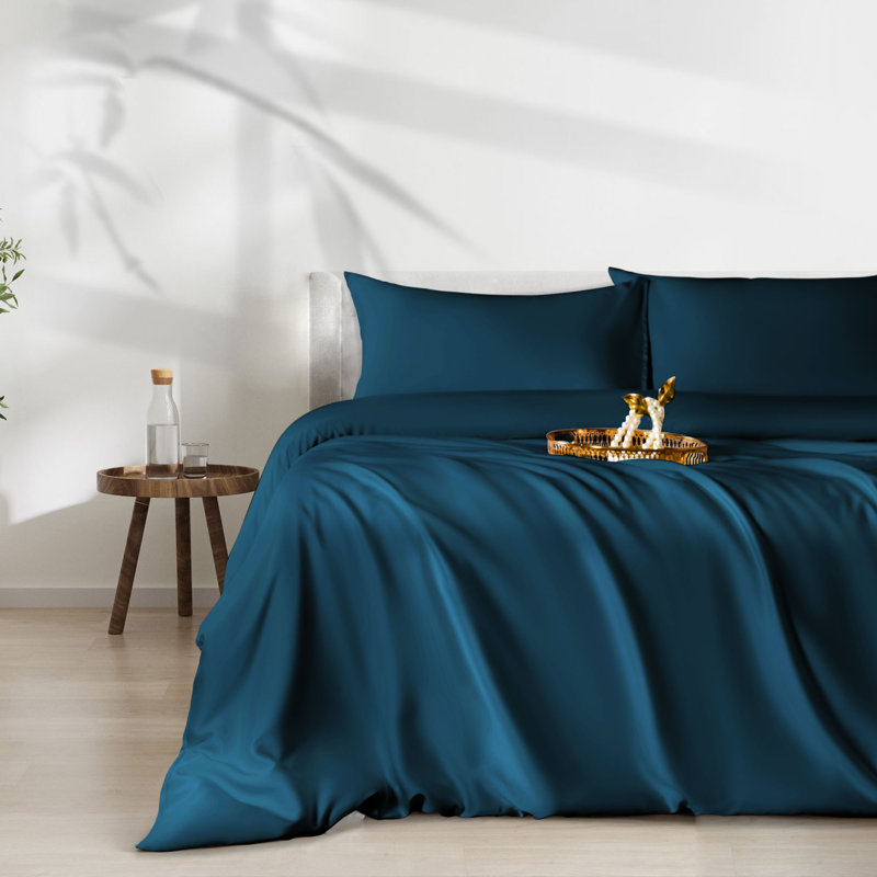 3-Piece Luxury 100% Rayon From Bamboo Duvet Cover Set, Blue, Queen Duvet Cover + 2 Standard Shams