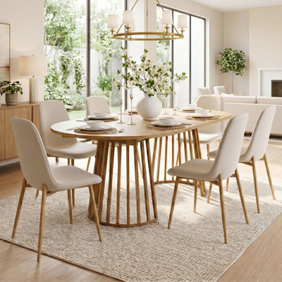 6- Person Dining Table Sets With Extendabe Oval Table & 6 Upholstered Dining Chairs