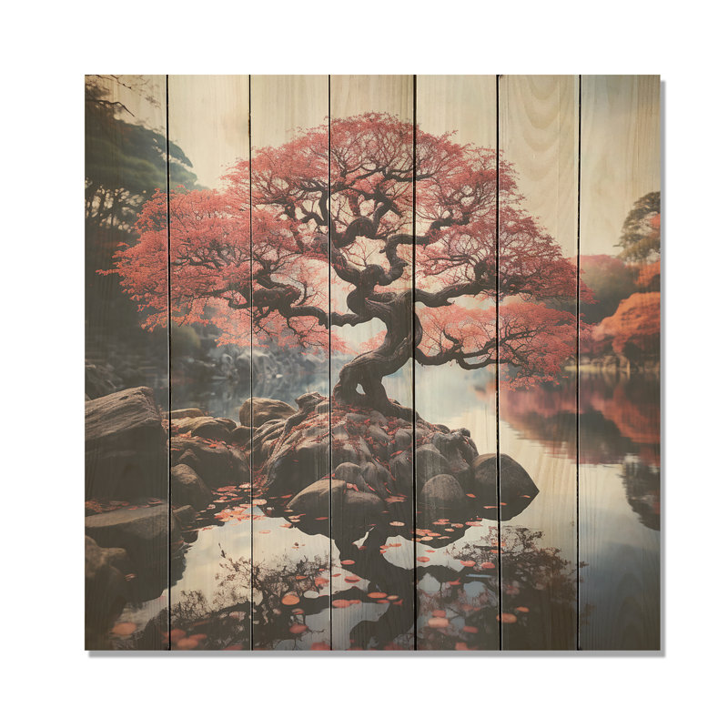 Bonsai rouge majestueux II - impression sur bois, H 25 po x l 25 po